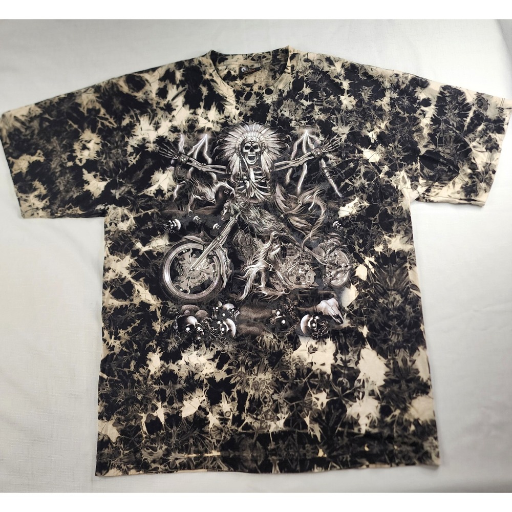 Skull Shirtz Mens 2XL Skeleton Biker Motorcycle Headdress Tie Dye T-Shirt Black